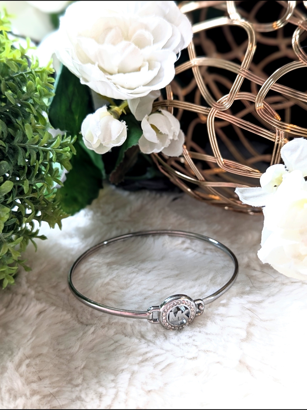 Michael Kors Silver Pavé Crystal MK Logo Hinged Bangle Bracelet